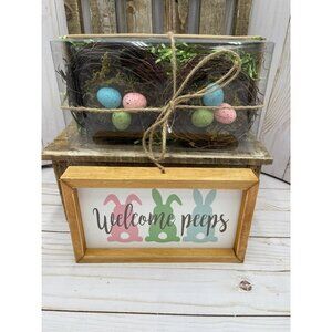 Tiered tray easter sign w/ birds nests Welcome Peeps Pink Blue Green Spring